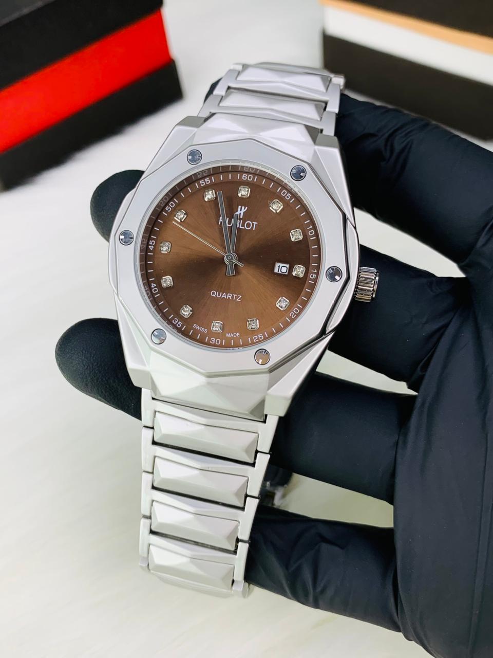 Hublot Classic Silver Quartz Watch with Diamond Markers