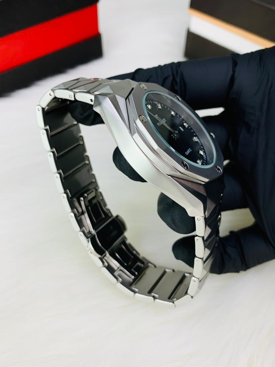 Hublot Classic Silver Quartz Watch with Diamond Markers