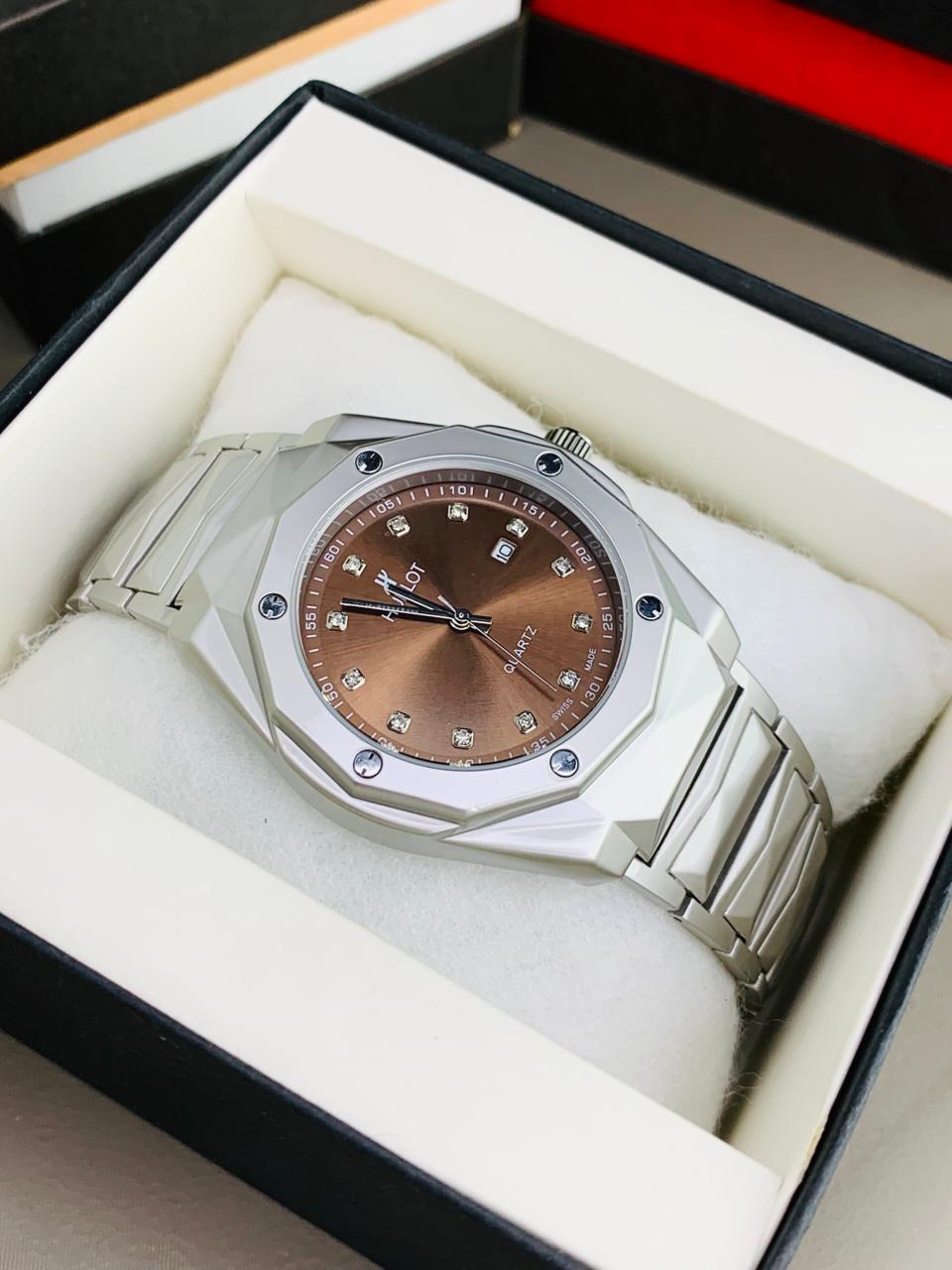 Hublot Classic Silver Quartz Watch with Diamond Markers