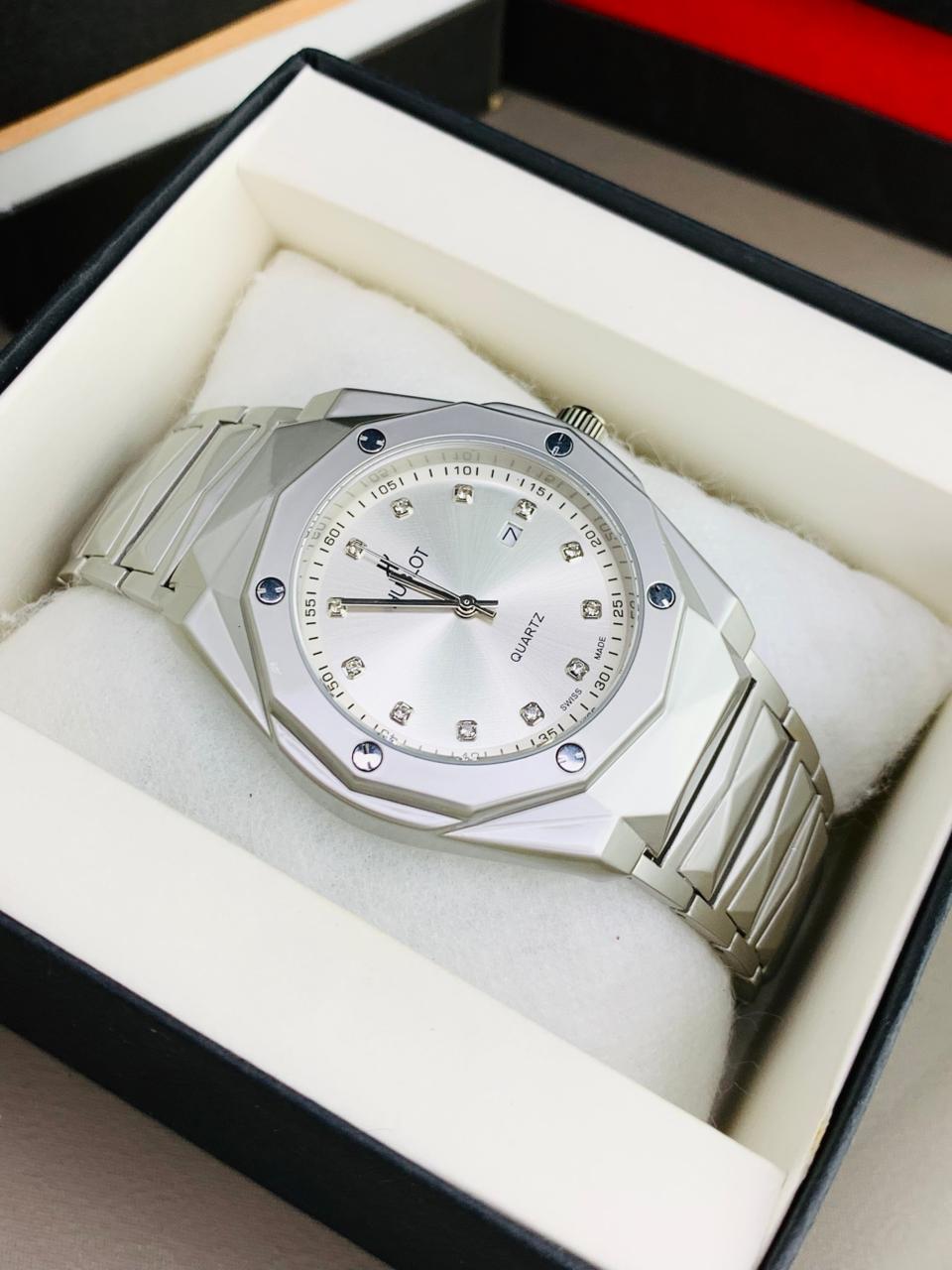Hublot Classic Silver Quartz Watch with Diamond Markers