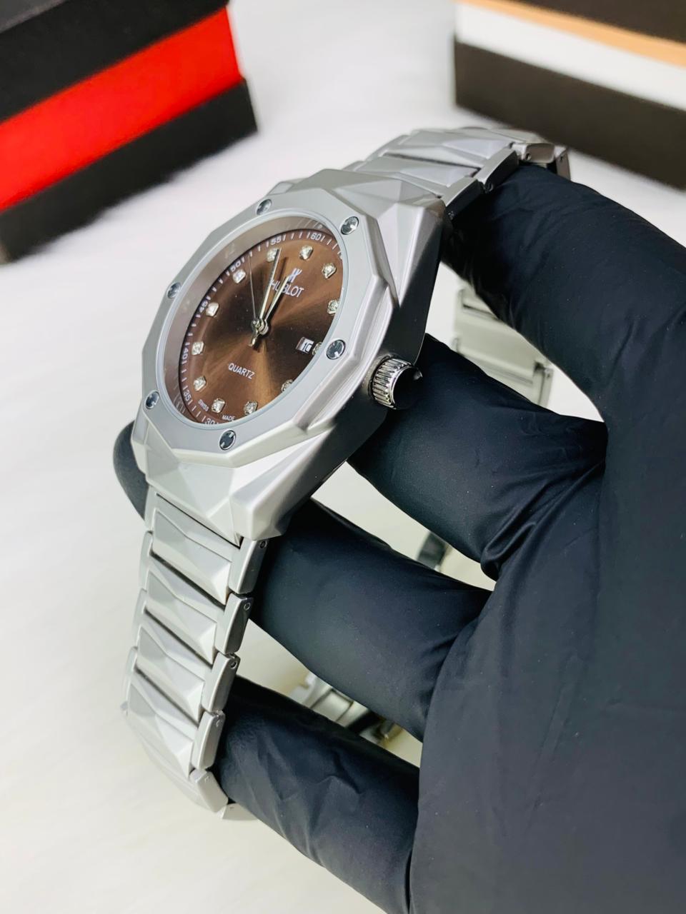 Hublot Classic Silver Quartz Watch with Diamond Markers